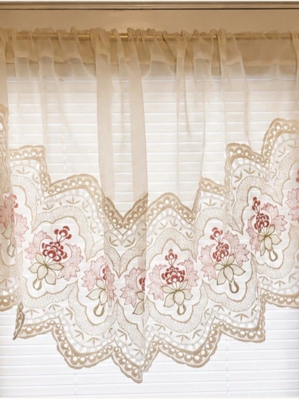 Vintage Embroidered Lace Curtain Valance Cottage Floral